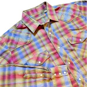 Roper Mens L Western Shirt Plaid‎ Embroidered Long Sleeve Snap Front Cowboy